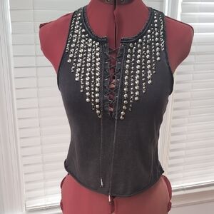 Urban Outfitters Ecote Tie Gem Lace Up Top Black Y2K Grunge Boho Chic Indie 90s